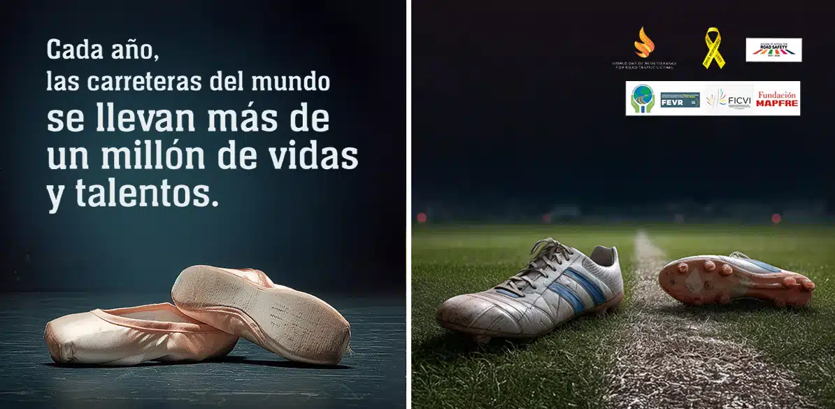 WRD Imagen dividida en dos partes: a la izquierda, un par de zapatillas de ballet rosa sobre un fondo oscuro; a la derecha, un solo zapato de fútbol blanco con detalles azules sobre césped iluminado, ambos simbolizando los talentos perdidos por los accidentes de tráfico. Se incluyen logotipos de varias organizaciones relacionadas con la seguridad vial y Fundación MAPFRE en la parte superior derecha.
