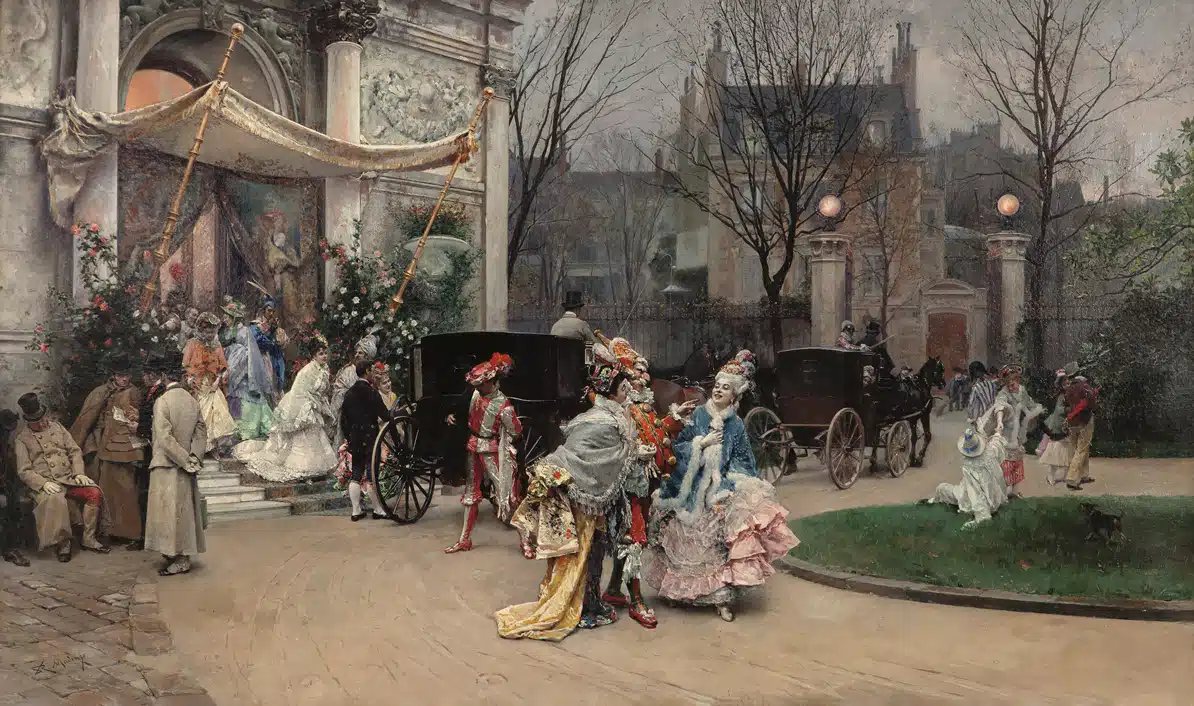 Raimundo de Madrazo y Garreta Una detallada pintura del siglo XIX titulada Salida del baile de máscara, de Raimundo de Madrazo, que representa una elegante escena en el exterior de un gran edificio tras un baile de máscaras. Figuras aristocráticas con trajes y máscaras ornamentados salen del lugar. En las inmediaciones aguardan carruajes tirados por caballos, y la escena tiene como telón de fondo un jardín con árboles desnudos.