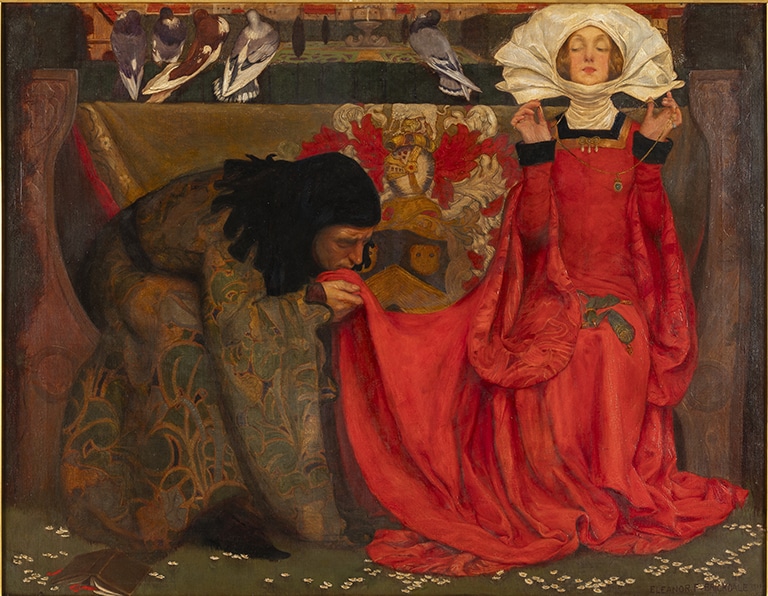 Eleanor Fortescue Brickdale Dama con velo blanco y vestido rojo rechaza a un hombre arrodillado que besa su manto